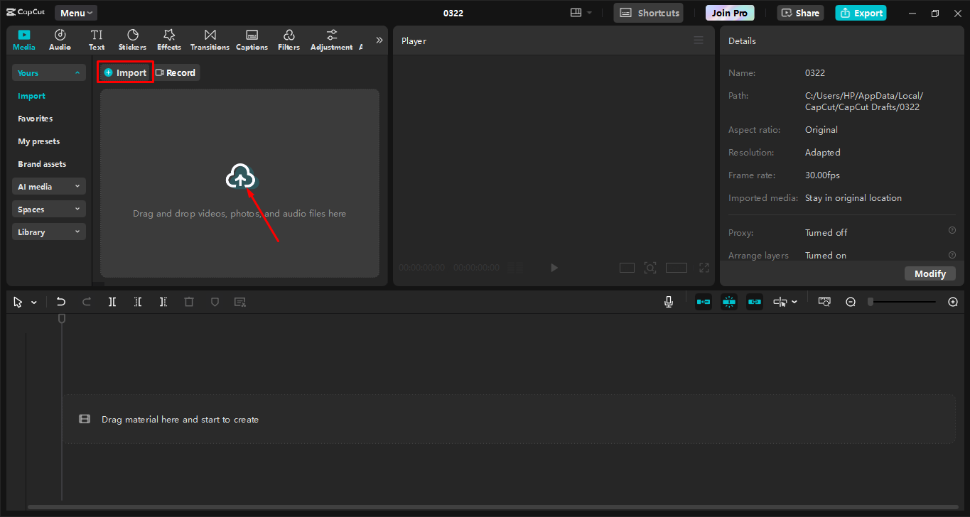 Importing a video to the CapCut desktop video editor