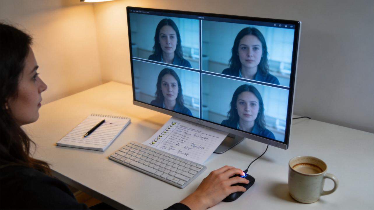 Woman edits four-panel video portraits on a desktop monitor at a white desk