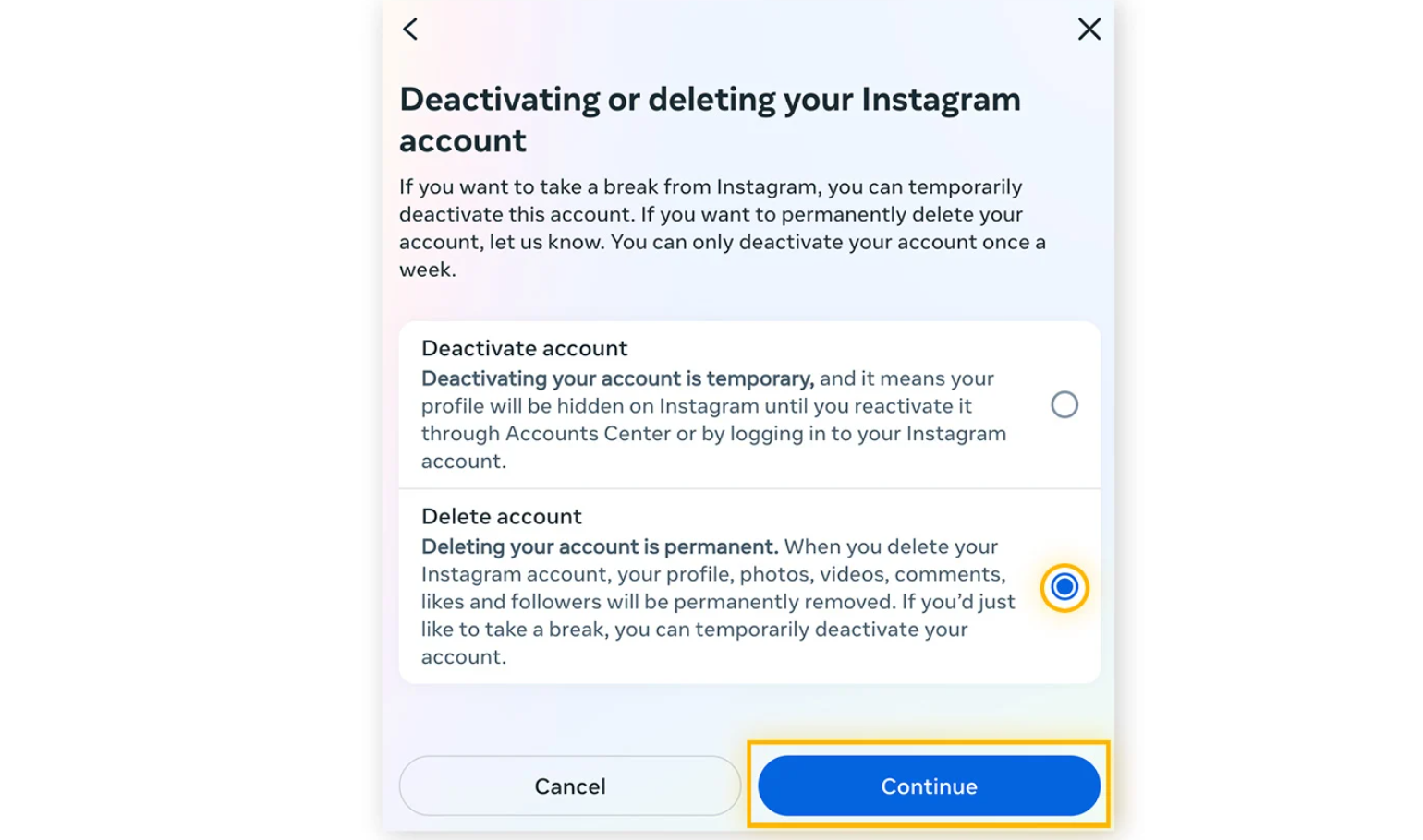 Deleteing the Instagram account on a desktop