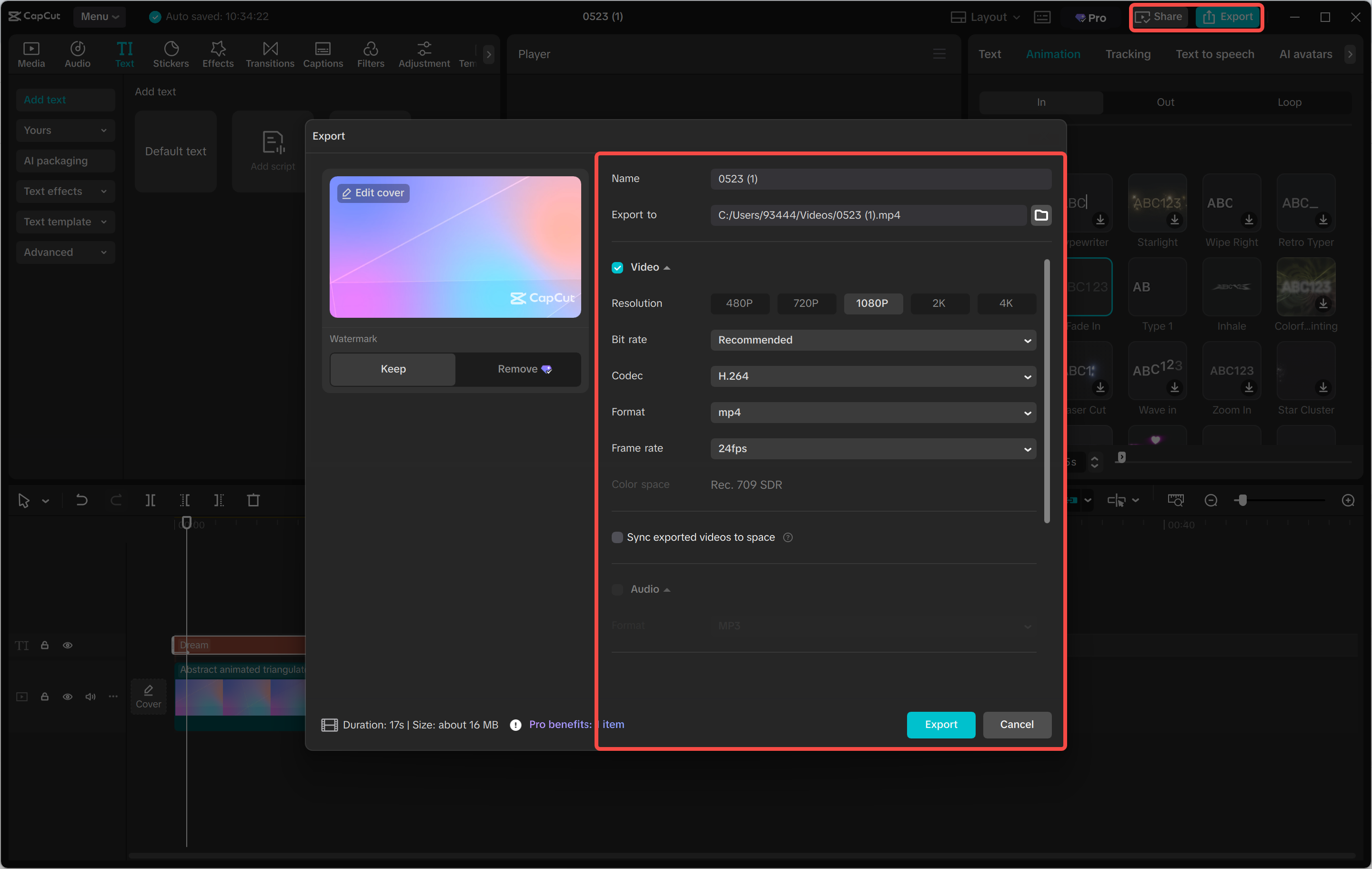 Exporting a video from CapCut's AI video maker