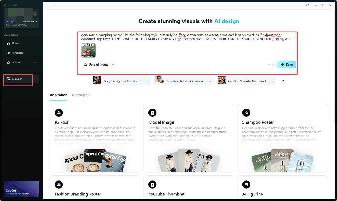 Write a prompt and upload a reference image for a meme