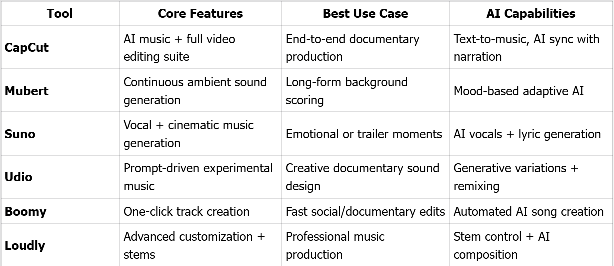 AI Background Music Tools Comparison Table