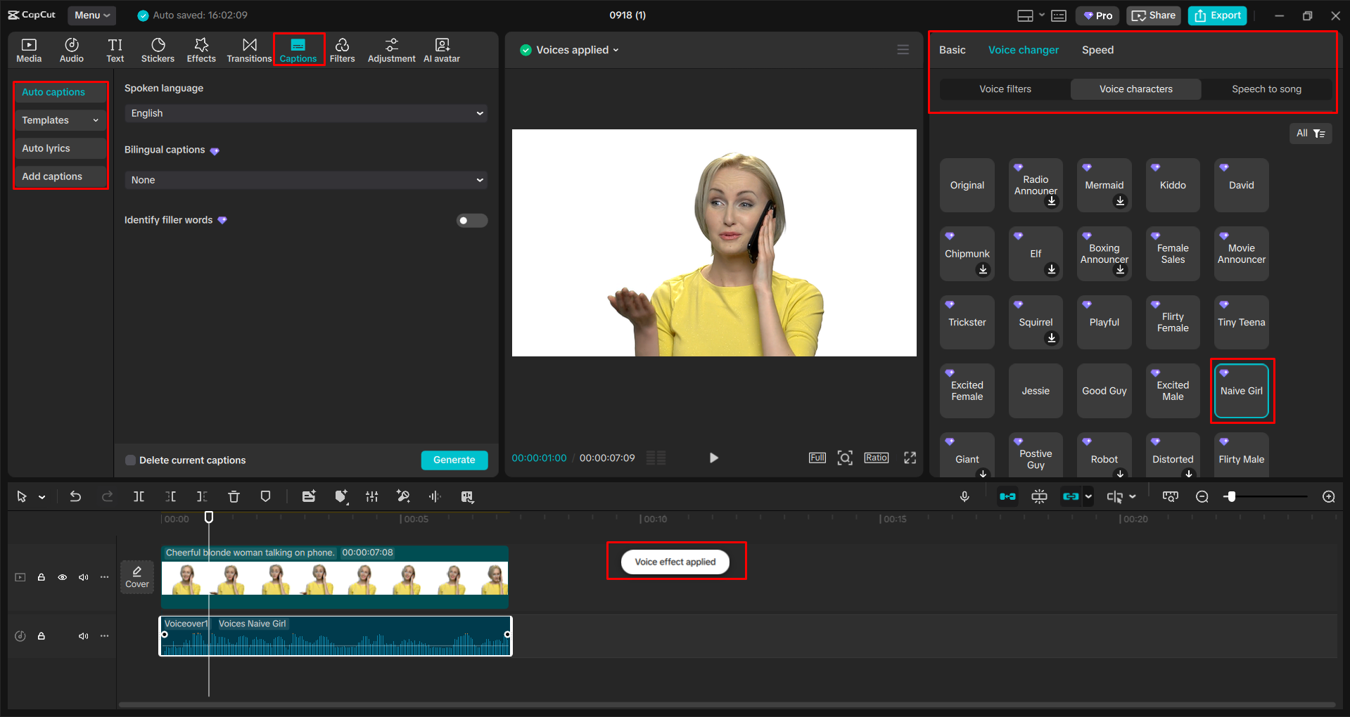Paglalapat ng voice effect ng babae sa video sa CapCut desktop video editor