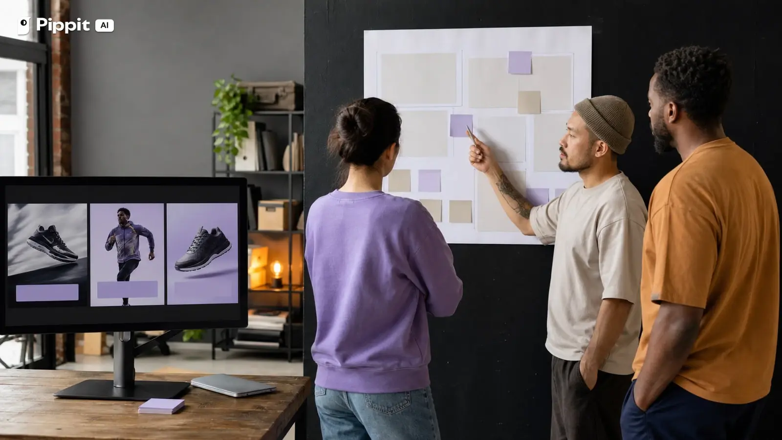 A creative strategist writes an advertising brief beside product references in a real studio.