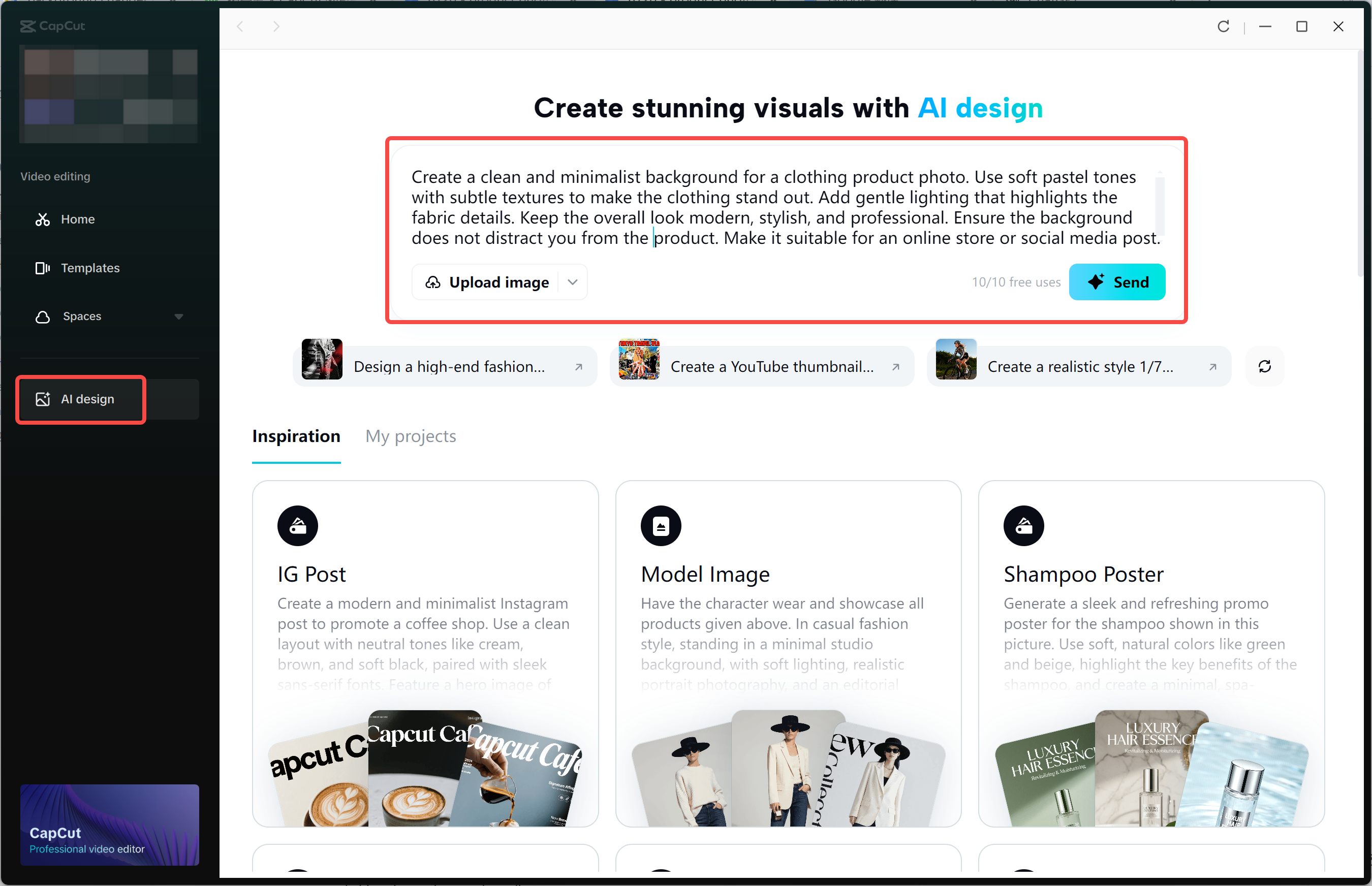 Entering a prompt in the CapCut desktop video editor