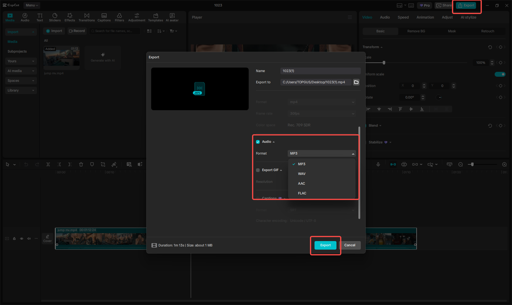 export as mp3 with capcut