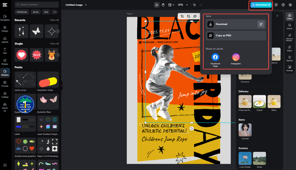 Downloading the poster in CapCut