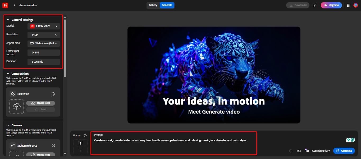 Adding a prompt and selecting an AI model in Adobe Firefly video model