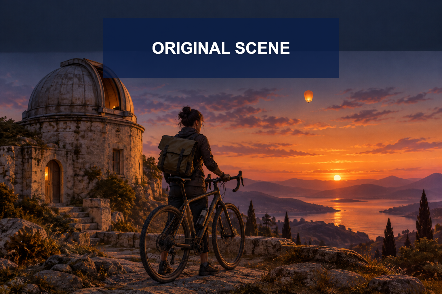 Original anime inspired rooftop scene brief with a lone courier at sunset