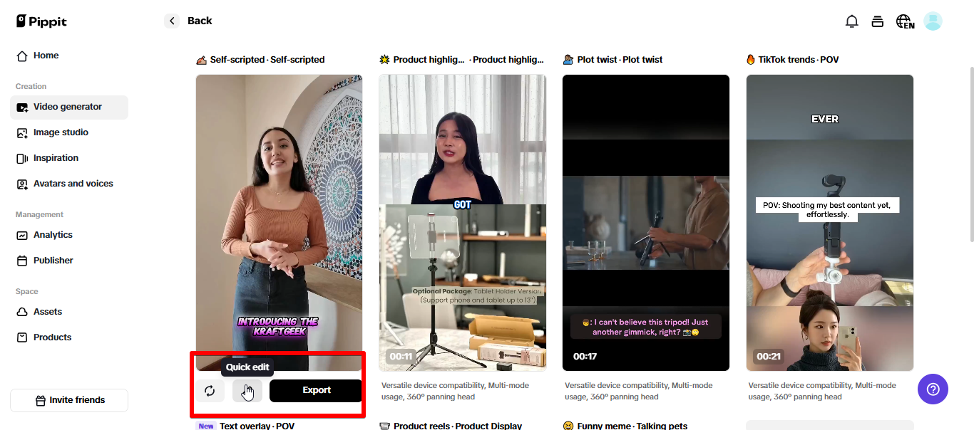 Pag-e-export ng video mula sa Pippit