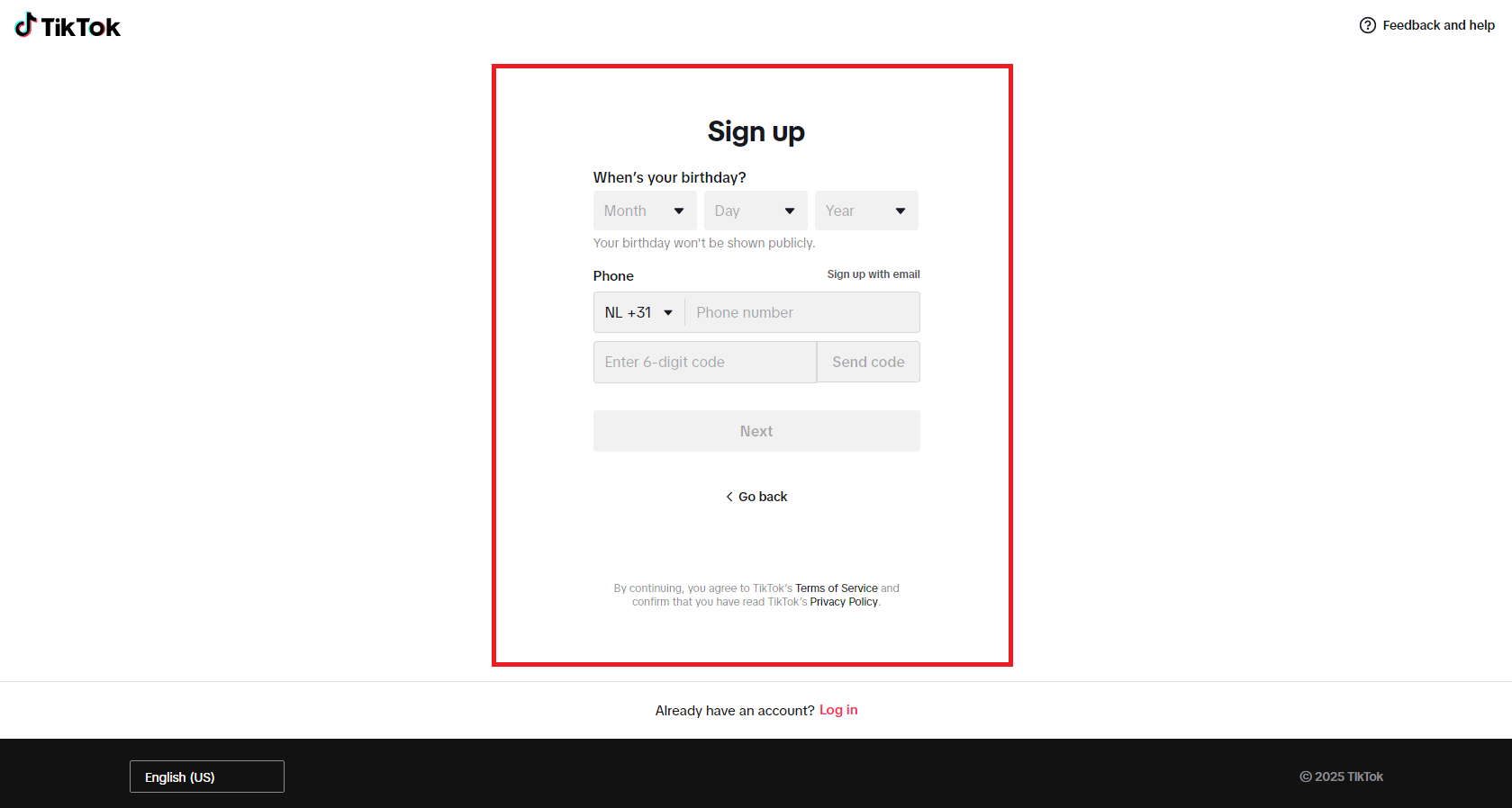Ange födelsedatum och godkänn villkoren.