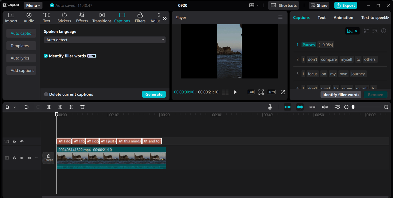 CapCut desktop captions workspace with auto-detect language, filler-word removal, caption lines, and timeline