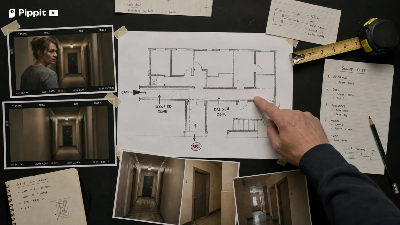 A practical floor plan divides an apartment hall into occupied and danger zones with sound cues.