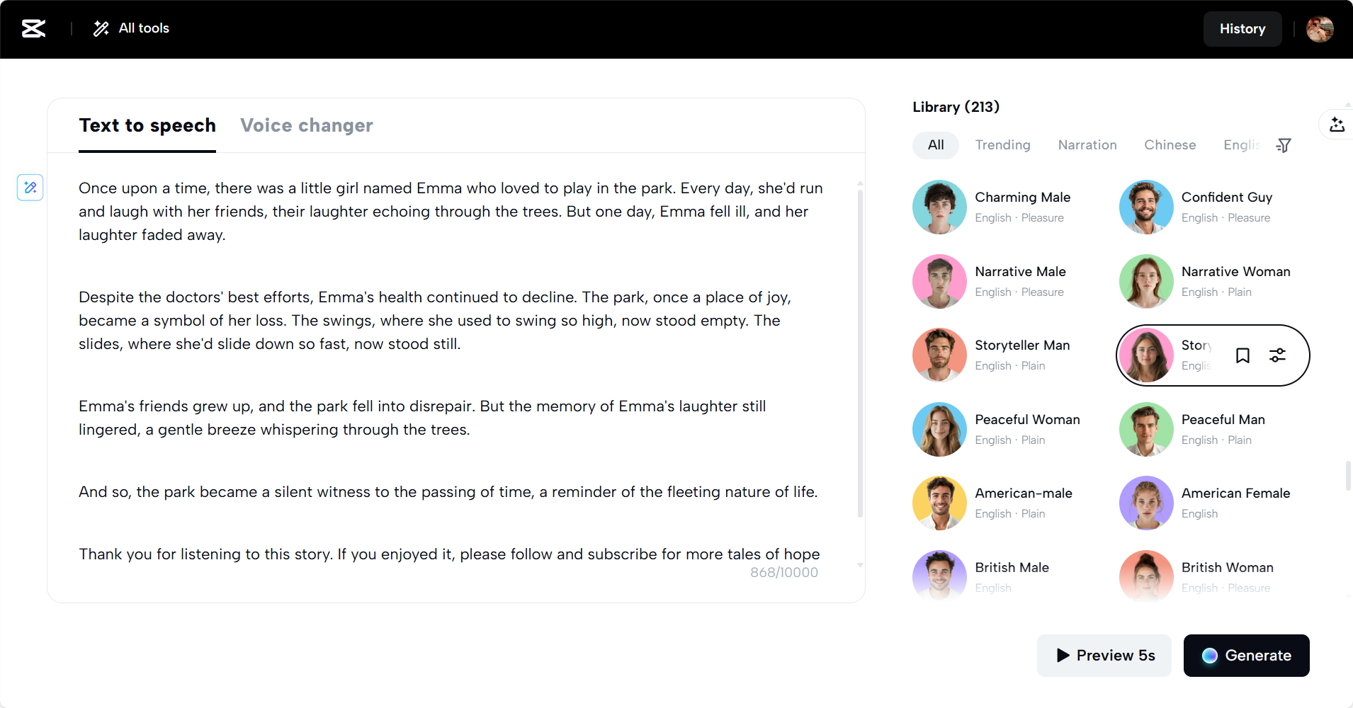 CapCut Web's AI sad voice generator
