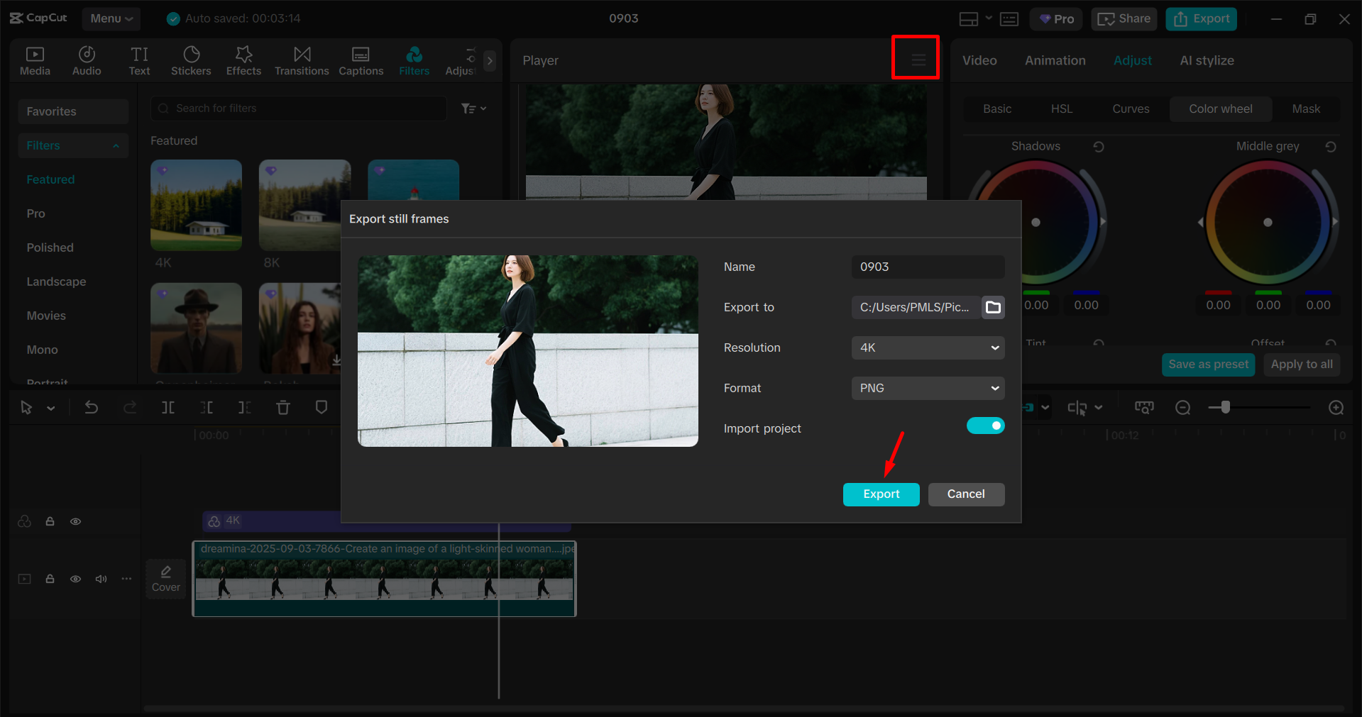 Exporting the image from the CapCut desktop video editor