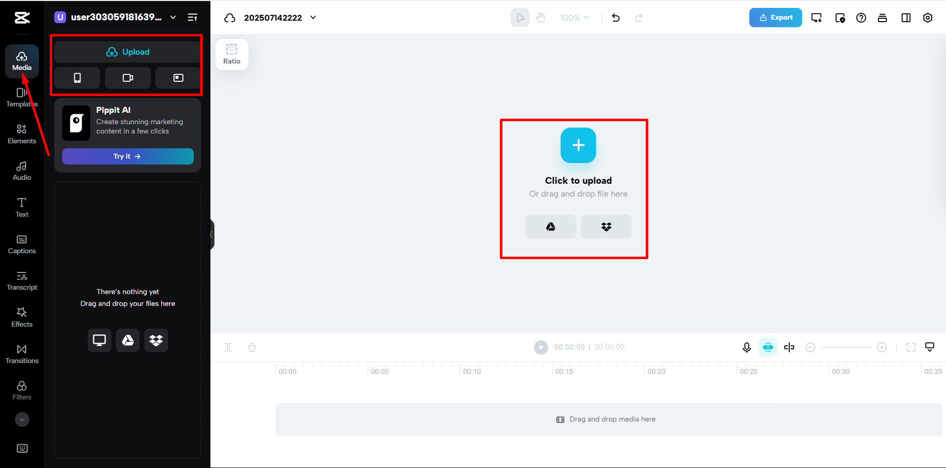 CapCut Webで動画をアップロードする