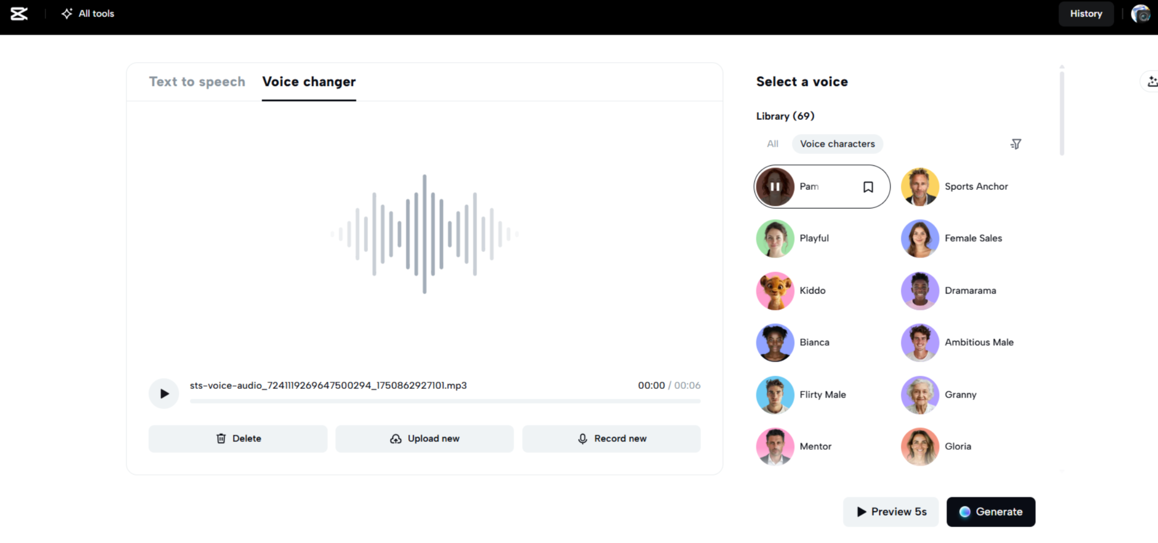 Interface of CapCut Web - an easy to use voice changer for Discord