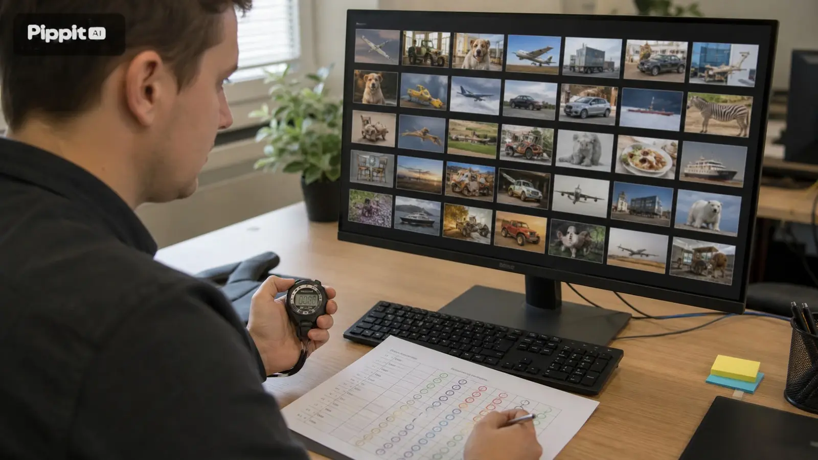 La persona rivede una griglia di immagini generate su un monitor desktop e segna i risultati su una lista di controllo
