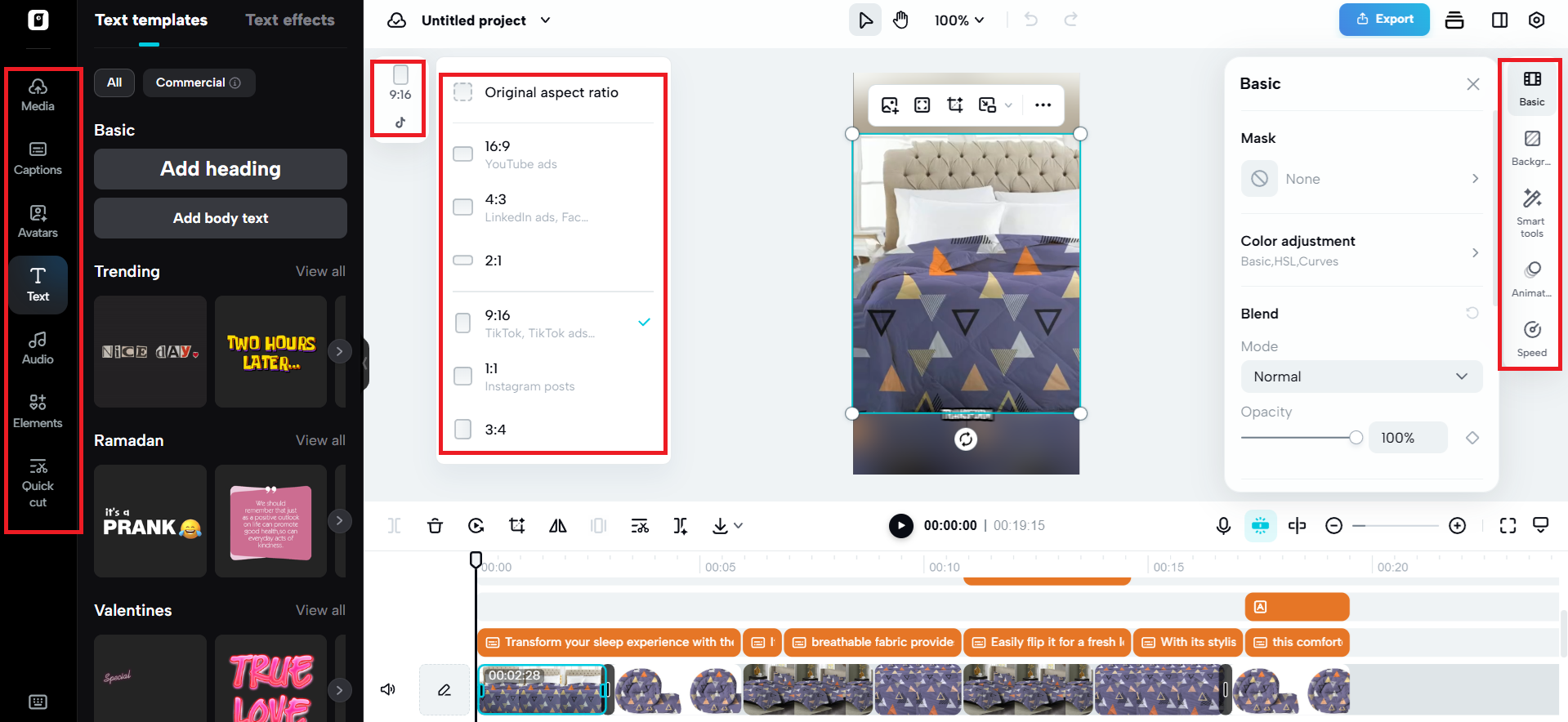 Editing options on either side of canvas