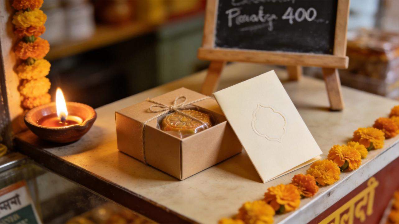 Diwali gift box beside a lit diya, marigold flowers, and a handwritten price sign