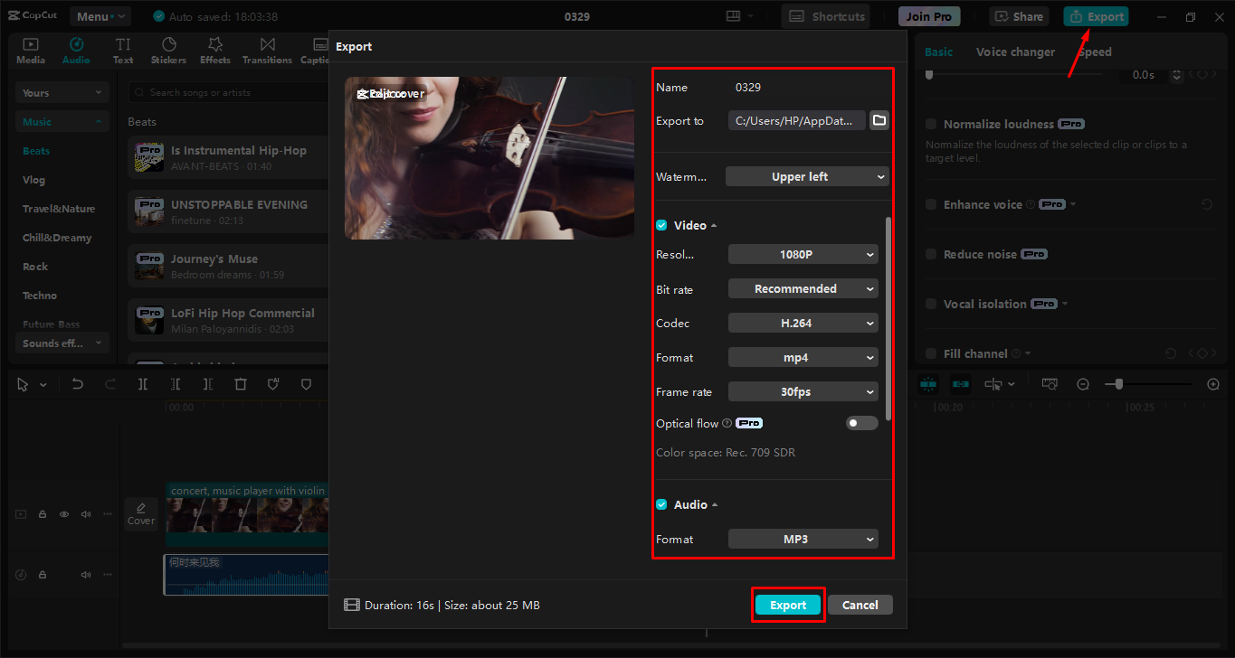 Exporting the video from the CapCut desktop video editor