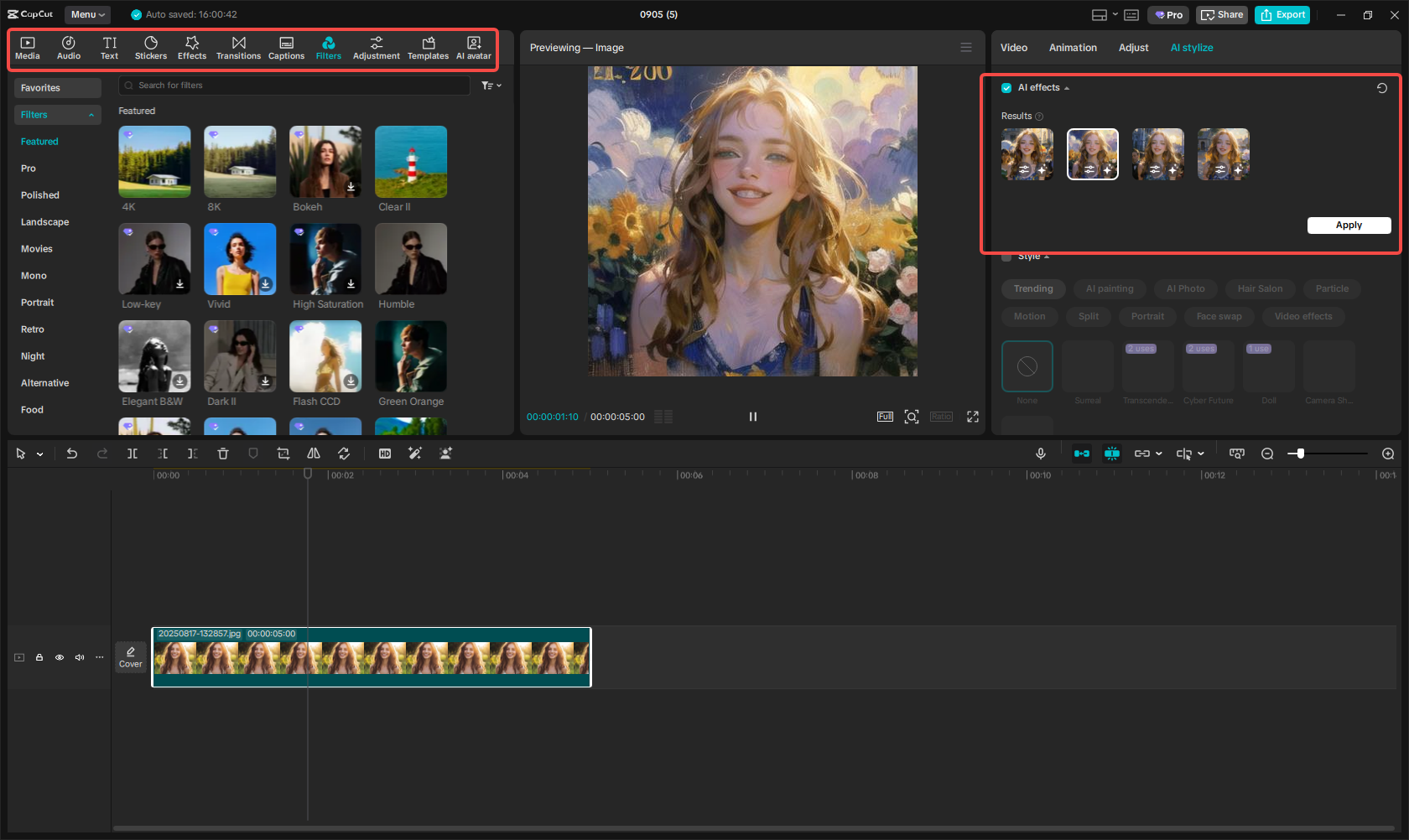 Laksana penapis AI pada imej yang digayakan