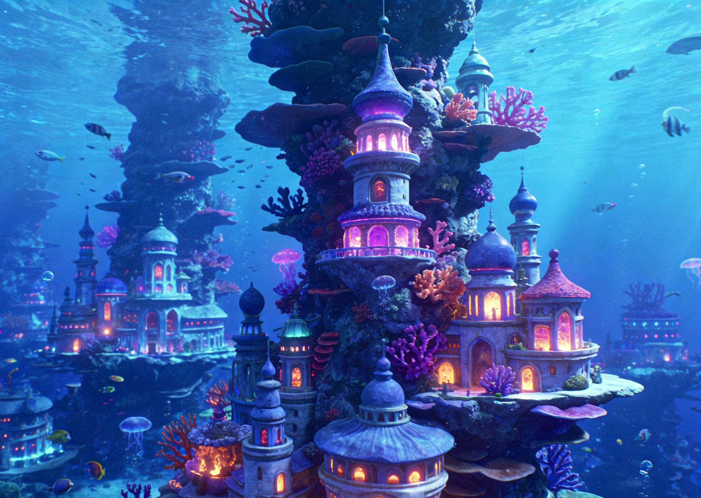 Eine großartige Unterwasser-Korallenmetropole mit leuchtender organischer Architektur