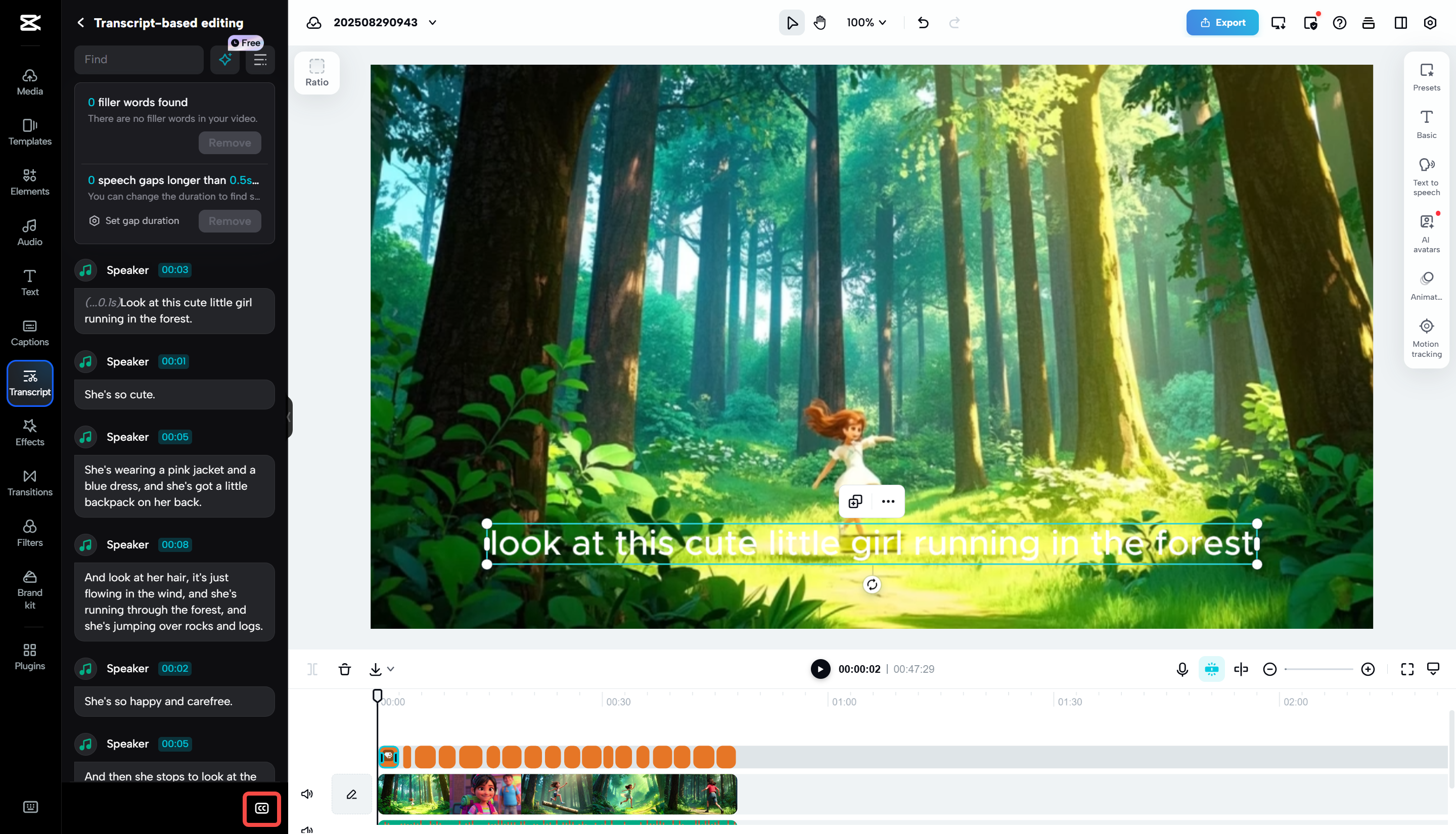 Pannello di didascalie automatiche per trascrizione con sottotitoli modificabili
