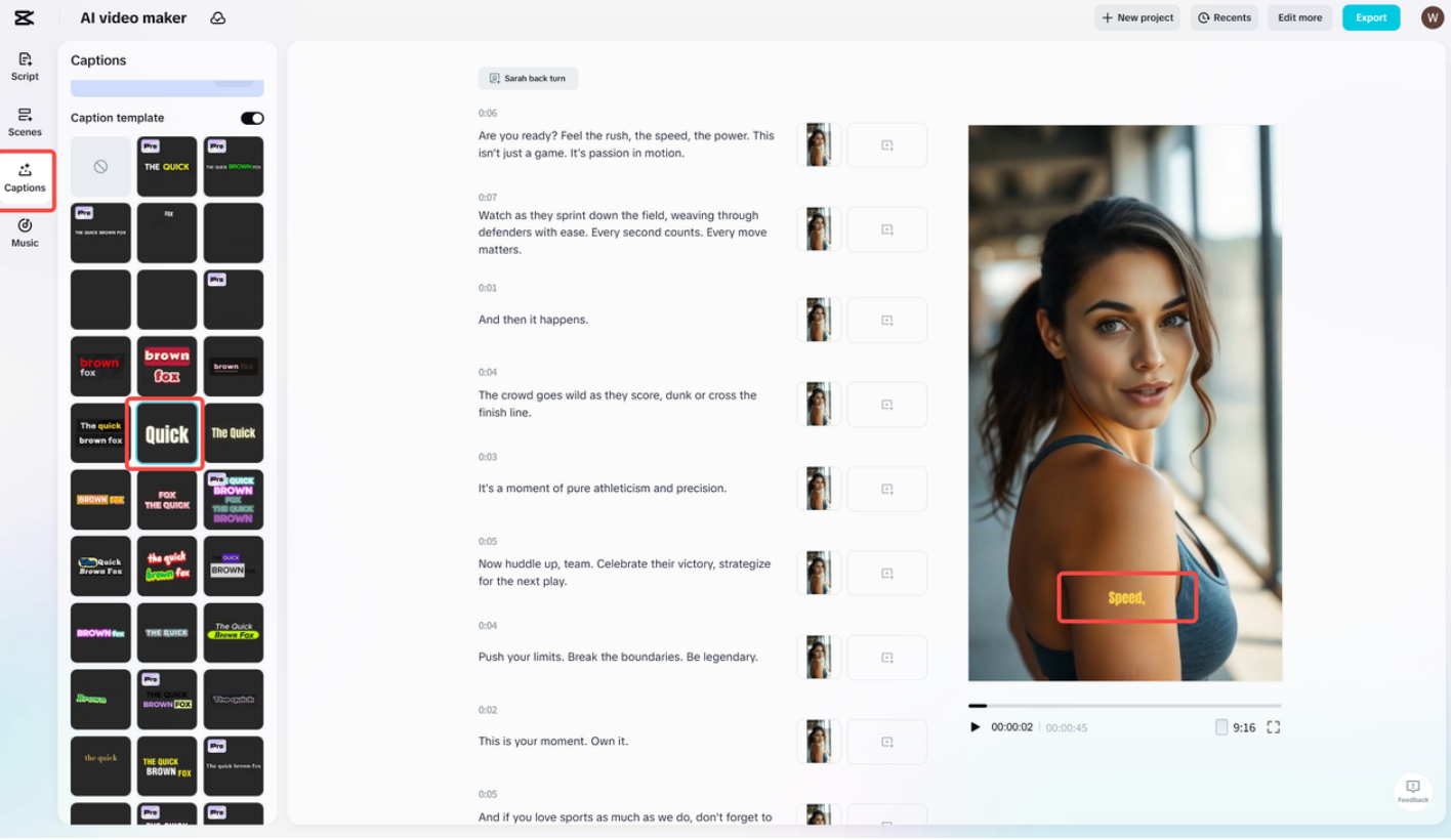 Adding captions to video in CapCut's AI video maker