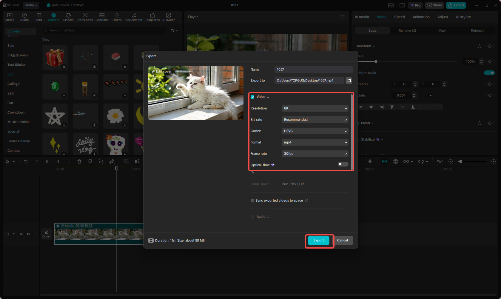 Exporting the AI video in CapCut