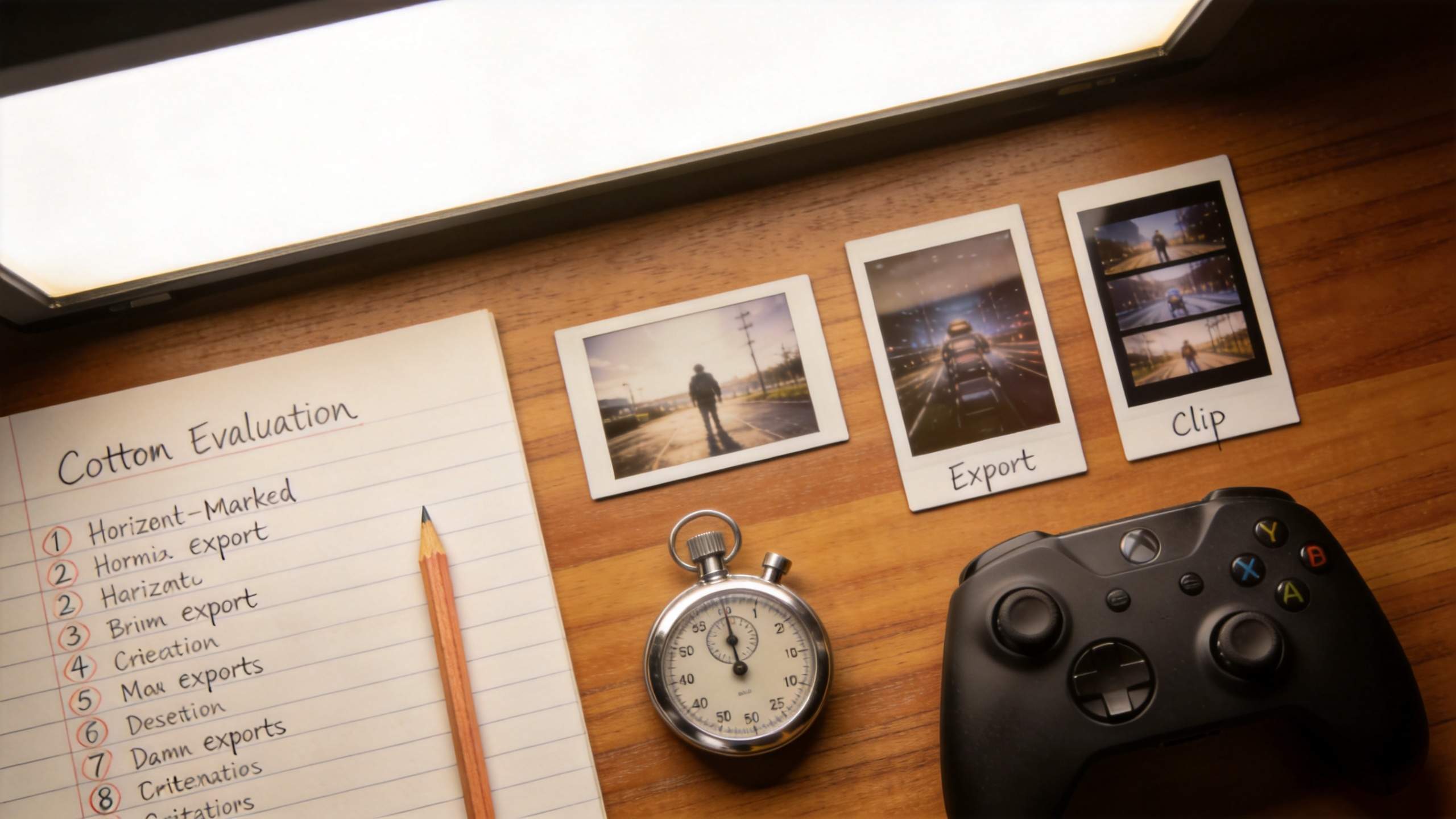 Notebook with handwritten editing checklist, stopwatch, game controller, and export/clip photo cards
