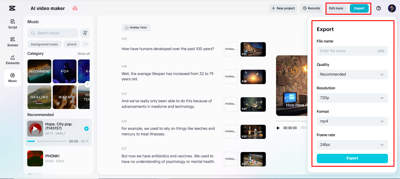 Exportando o vídeo final do criador de vídeo do IA CapCut