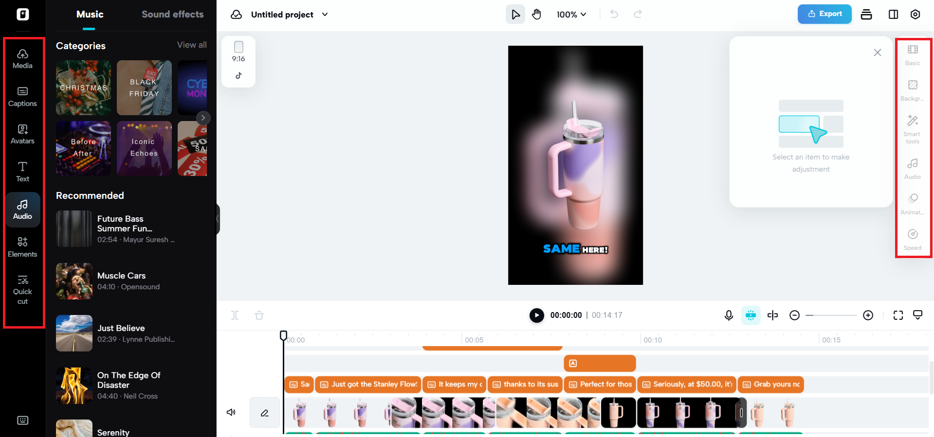 Editing options on either side of the canvas