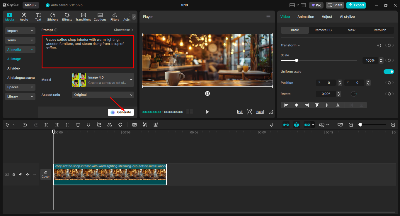 Entering a prompt in the CapCut desktop video editor