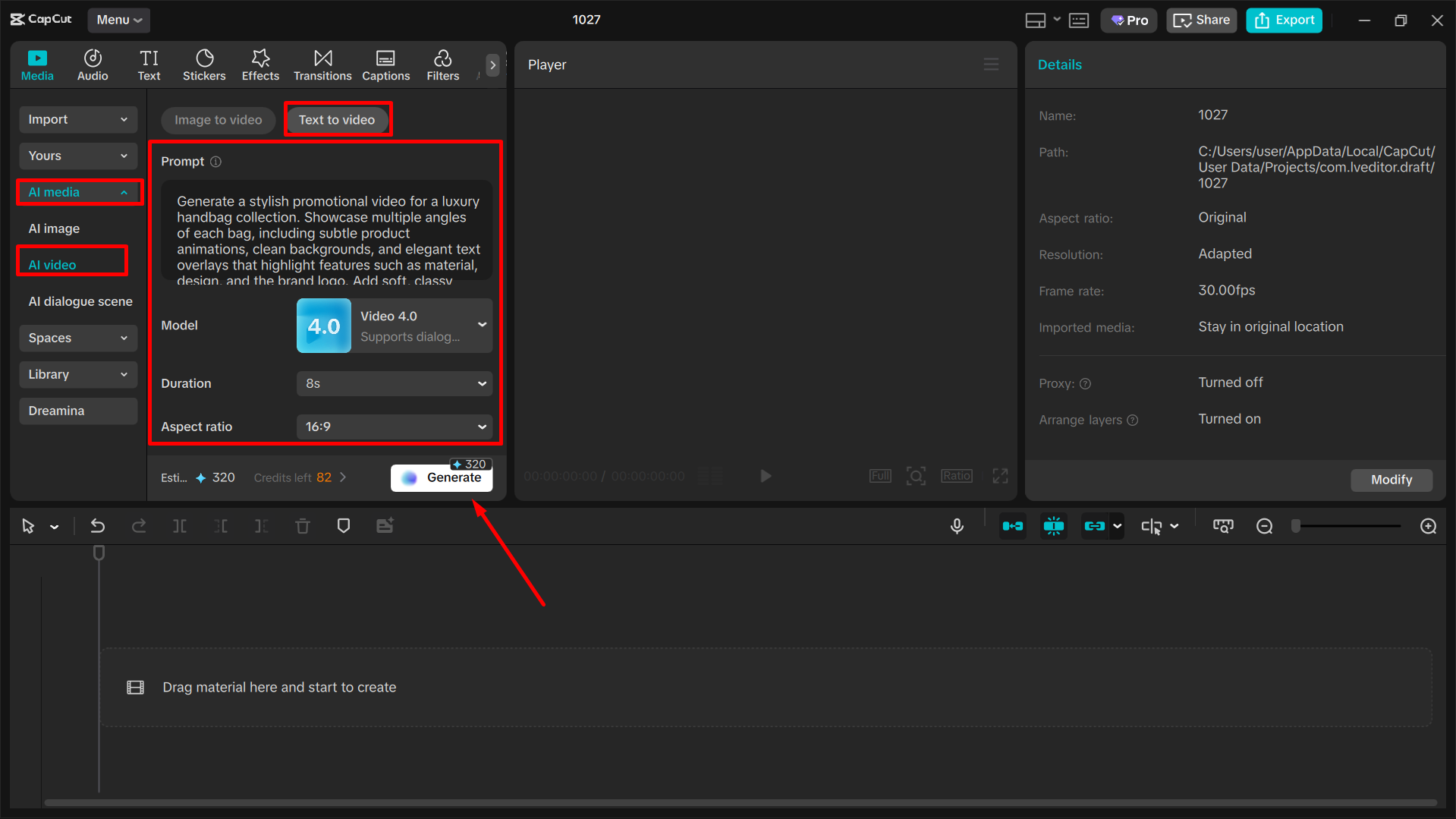 Converting text to video in the CapCut desktop video editor