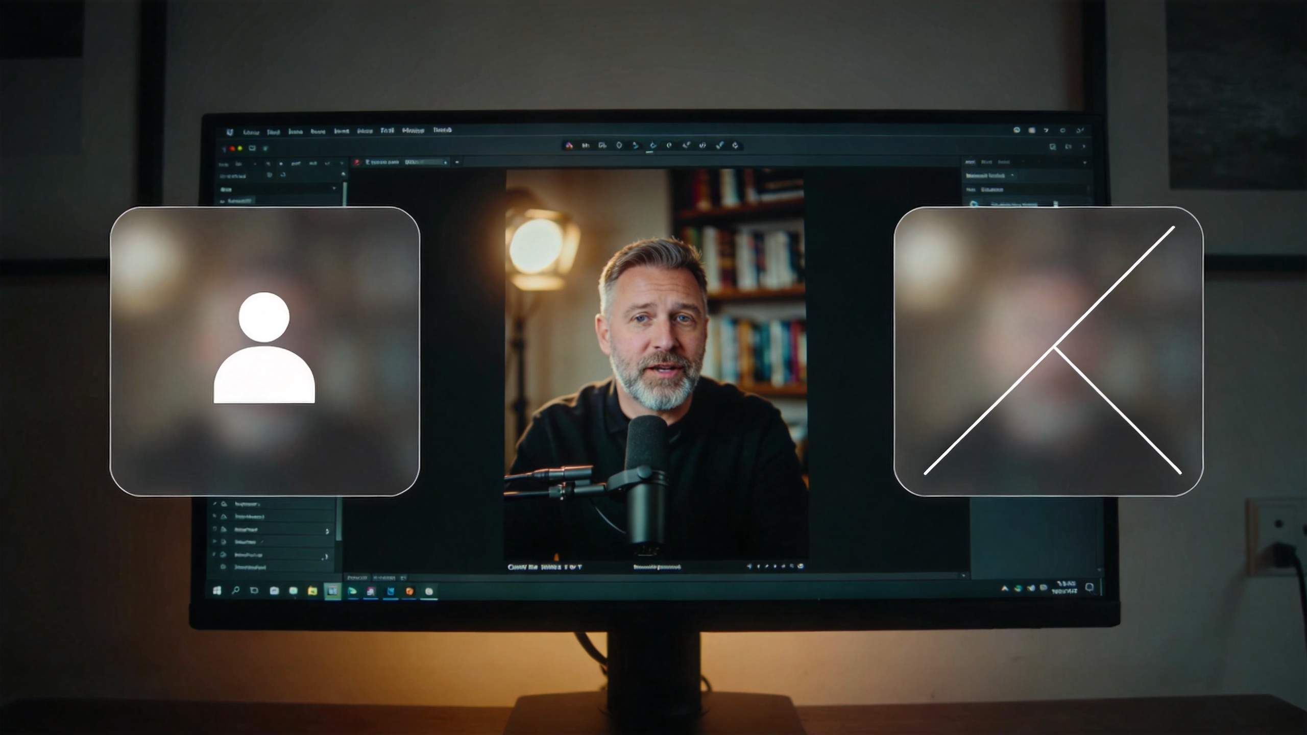 Video editing screen showing a podcast host in the center with guest and camera icons on each side
