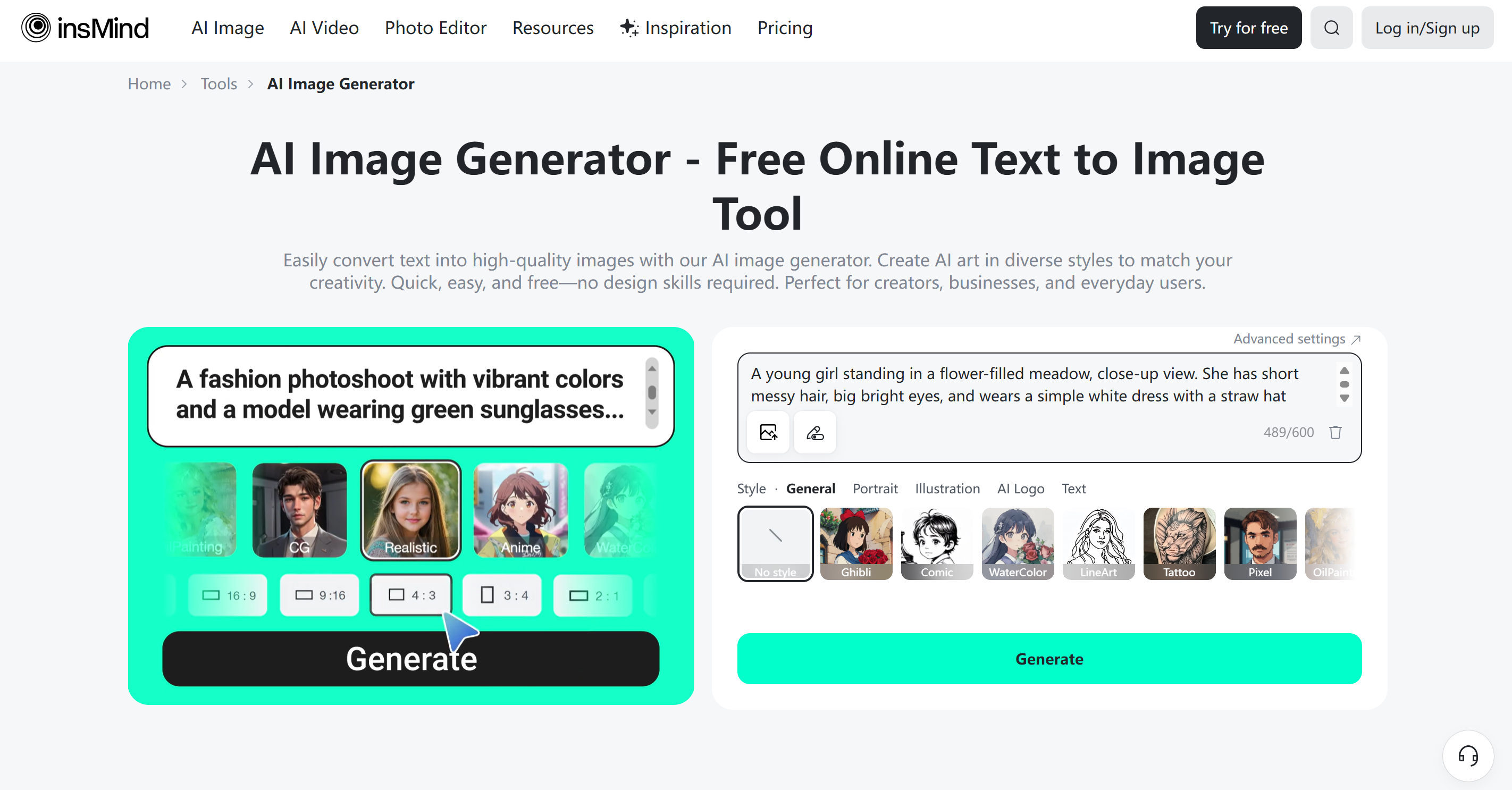 Oberfläche von insMind - ein guter Ghibli KI-Bildgenerator