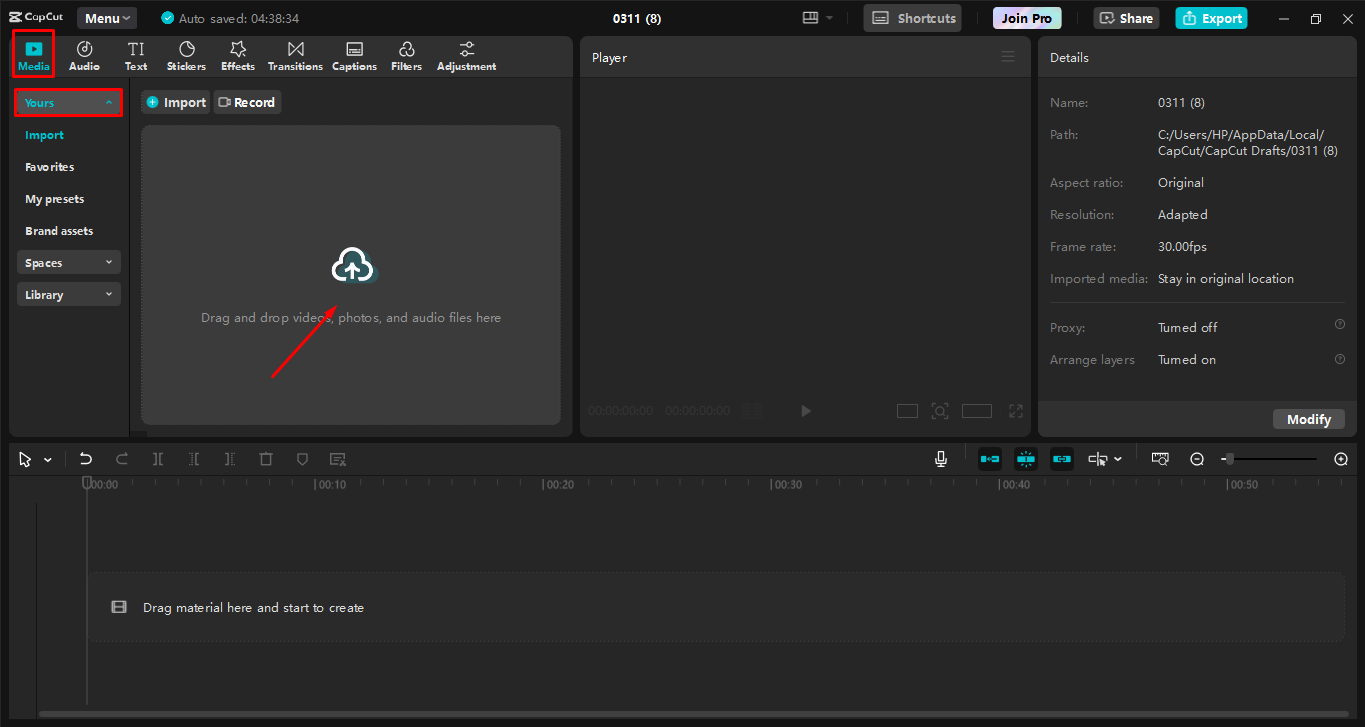 העלאת וידאו לעורך הווידאו השולחני CapCut