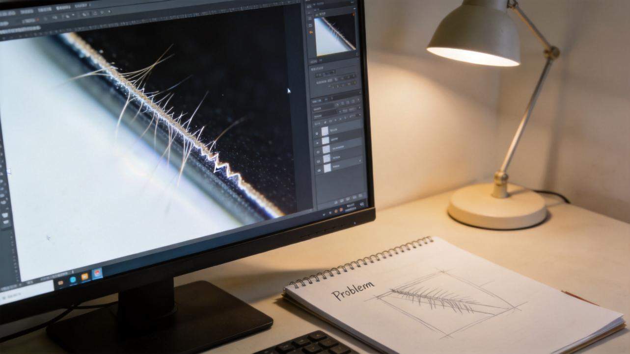 Close-up of an edge detection view on a monitor beside a sketchbook labeled Problem