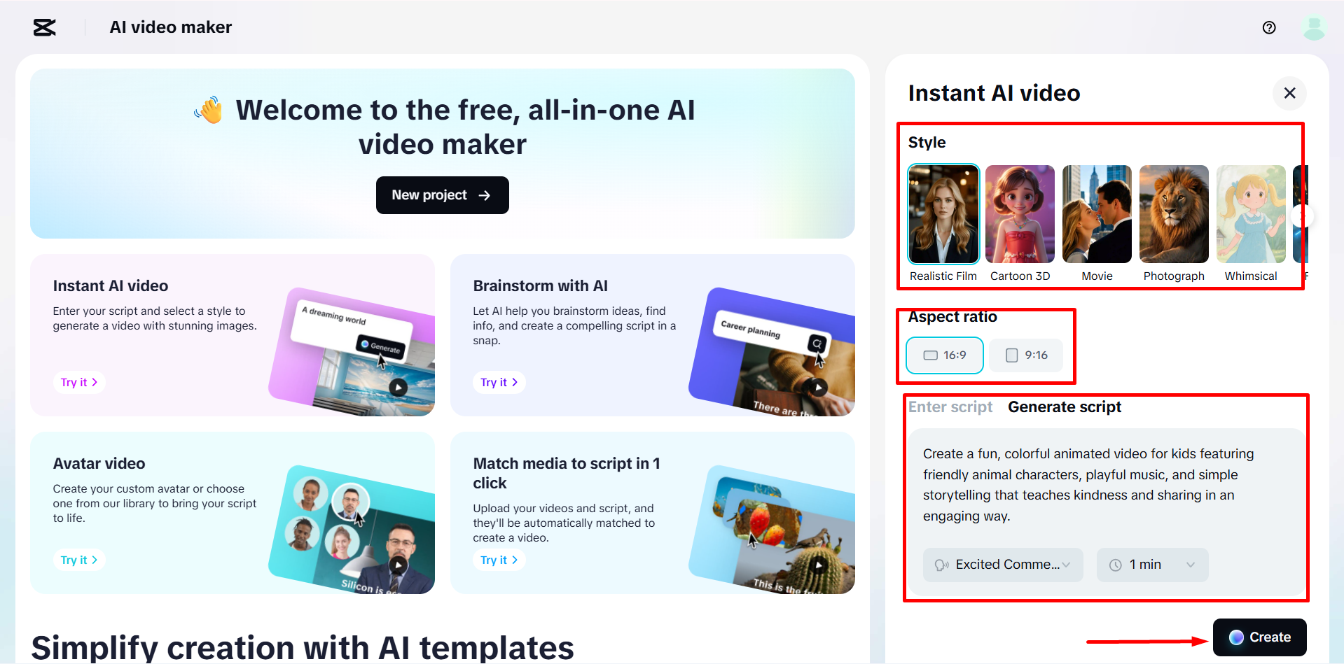 De prompt invoeren in CapCut's AI-videomaker
