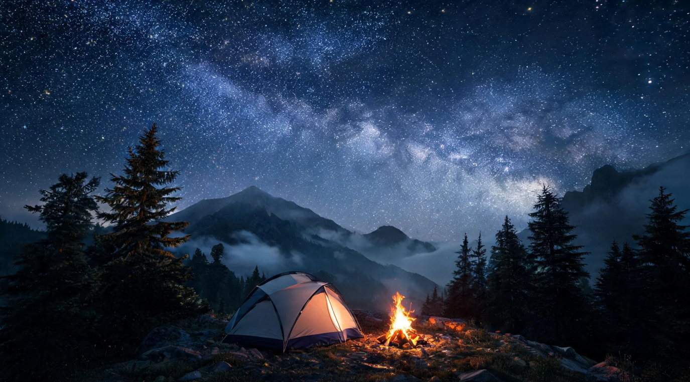 Acampar en la montaña bajo las estrellas visual
