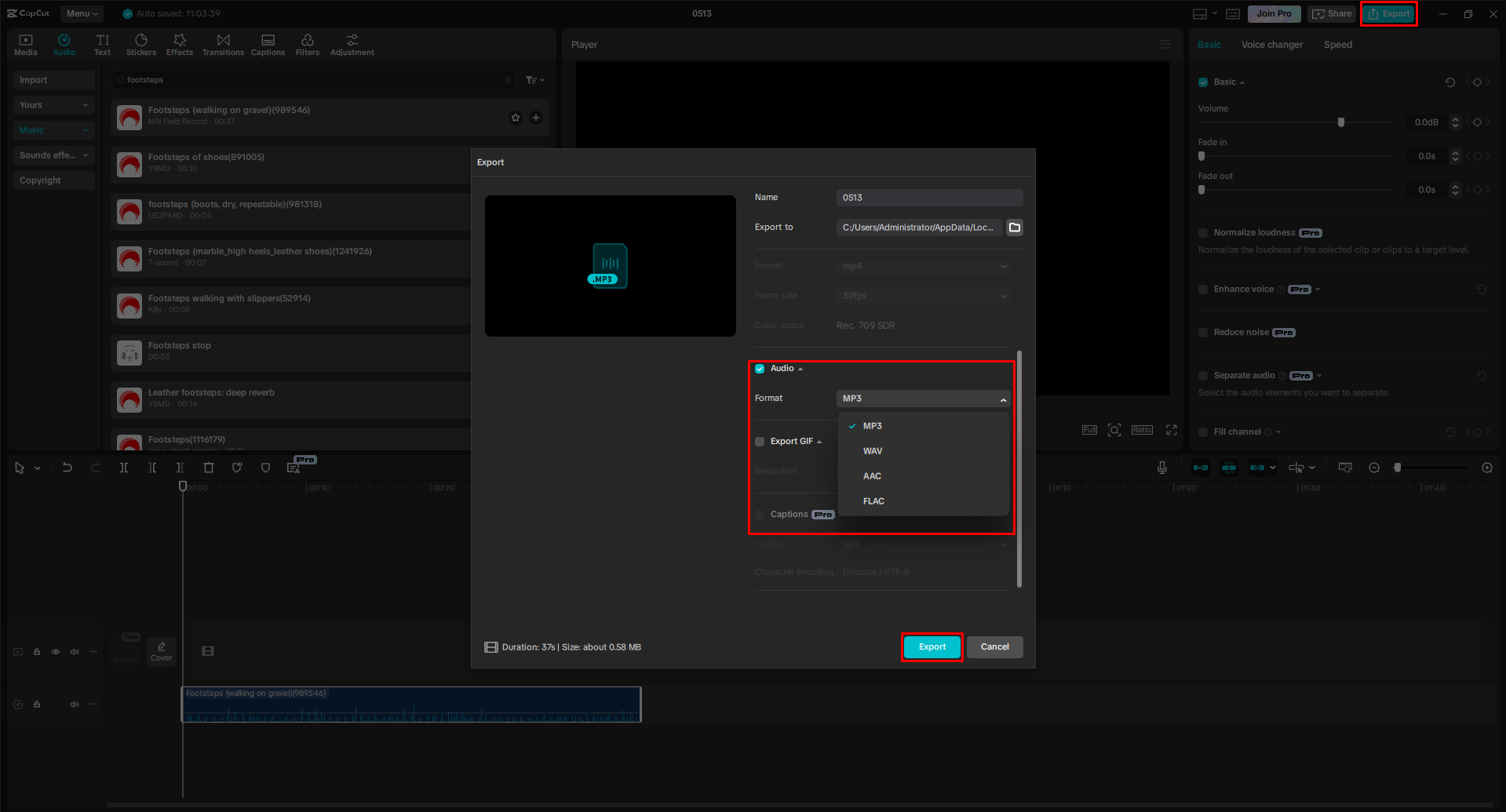 Export the foootstep sound effect file