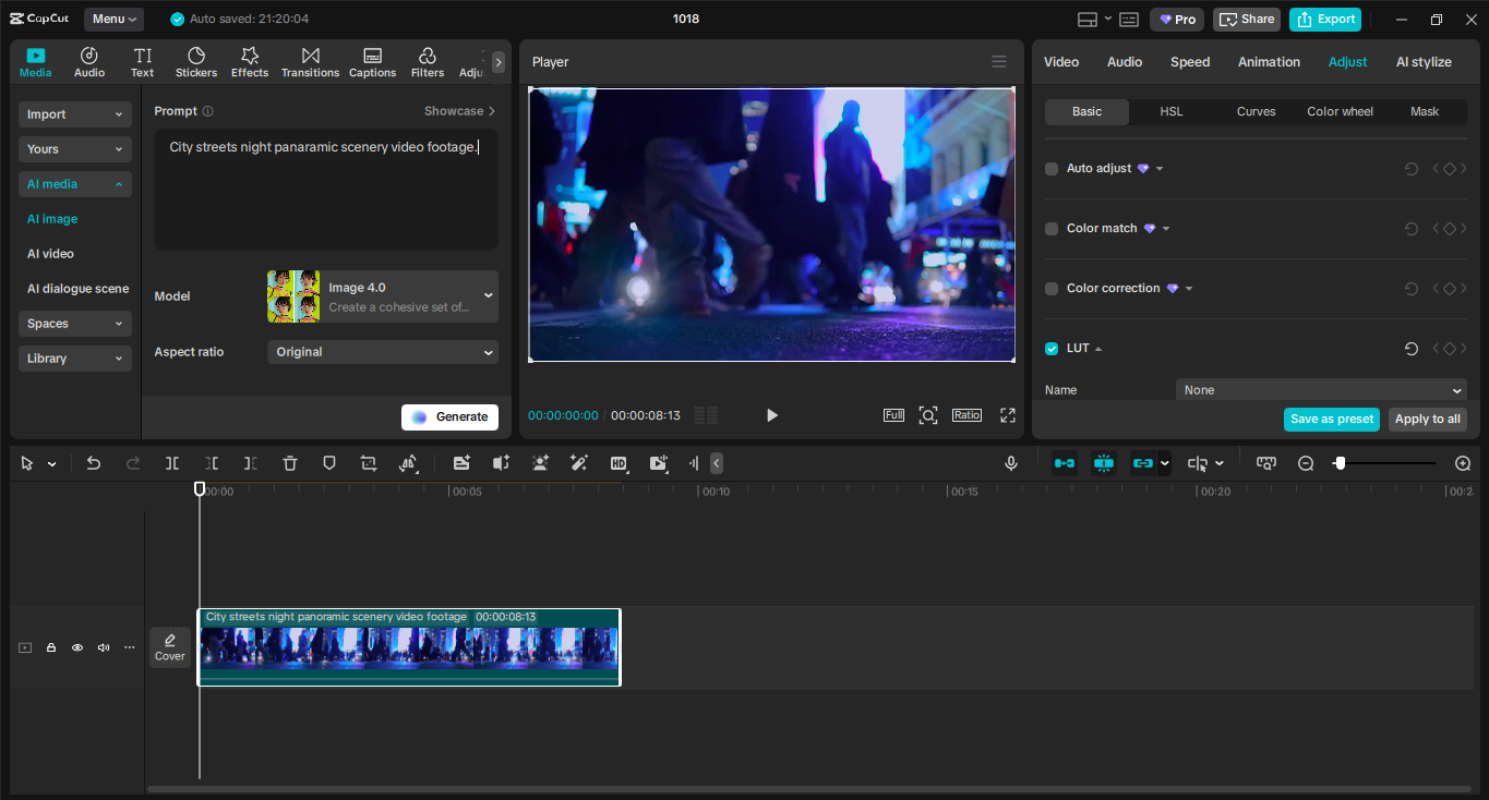 Editing interface of the Capcut desktop video editor