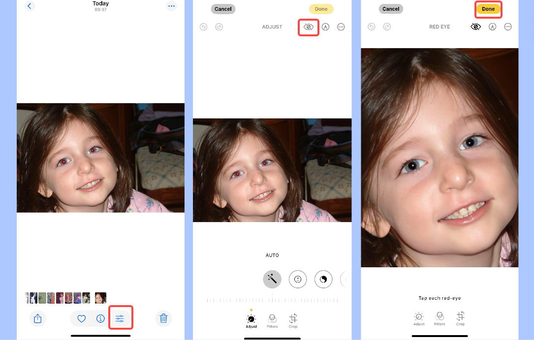 Eliminați ochii roșii folosind aplicația Fotografii