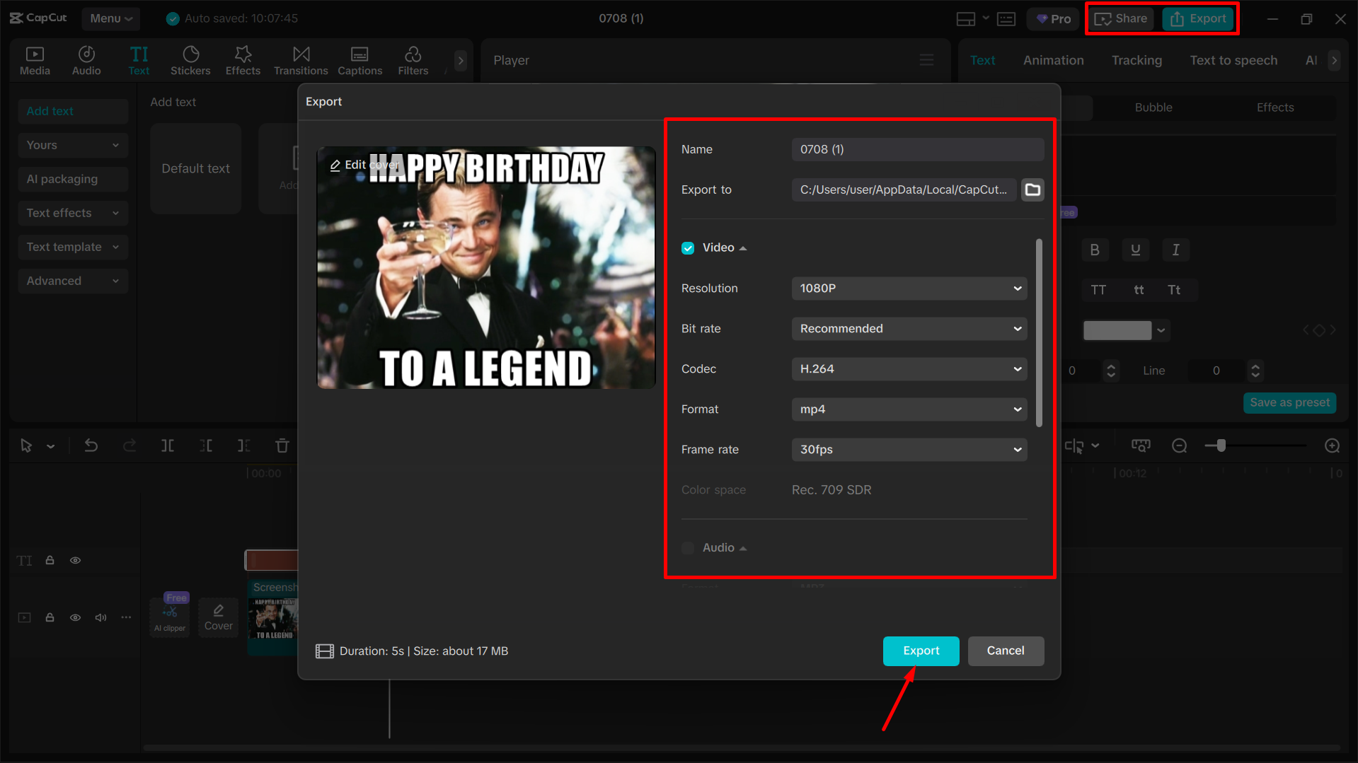 Exportando el meme de cumpleaños desde el editor de video de escritorio de CapCut