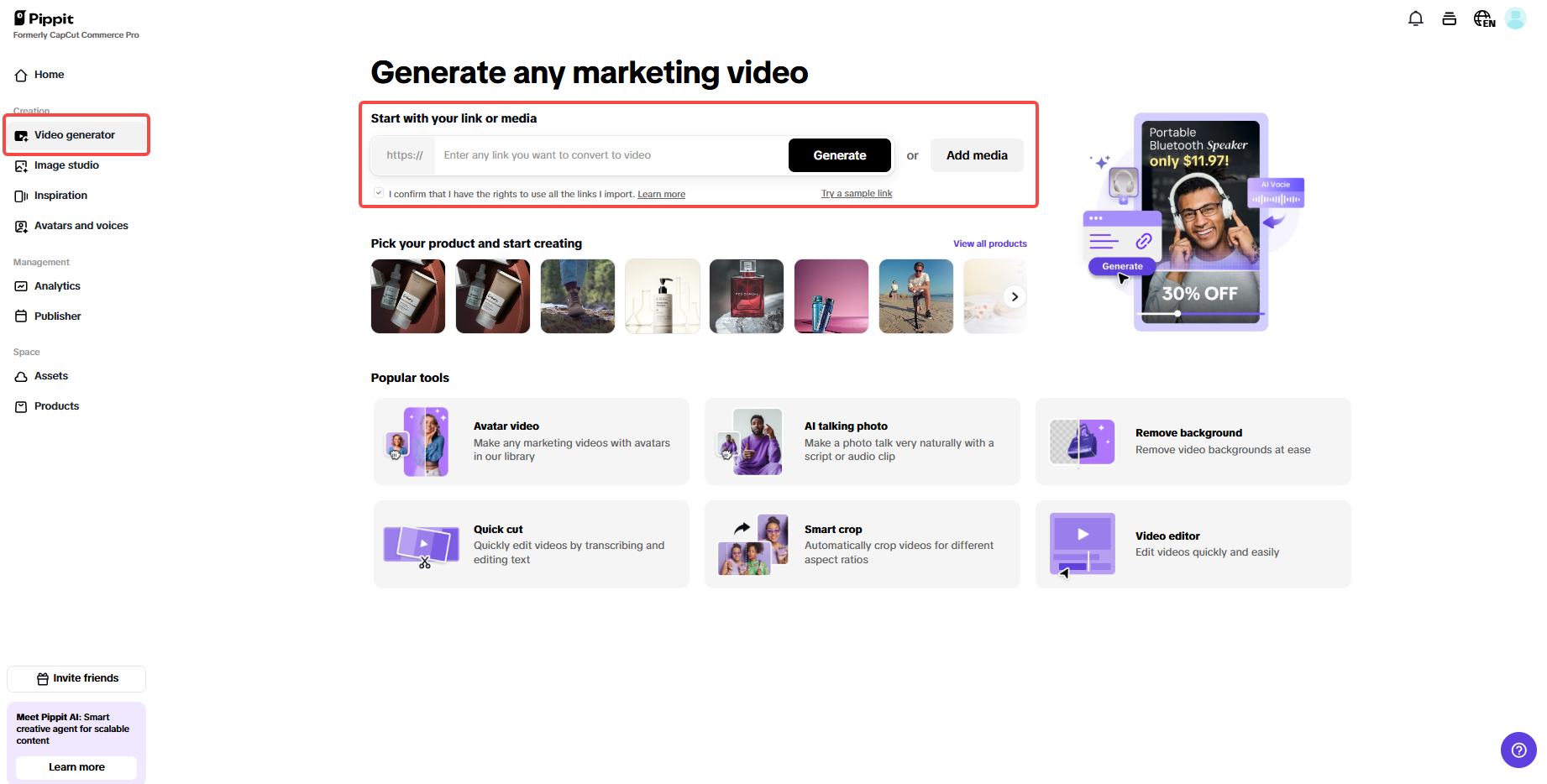 Insert product link & generate video framework