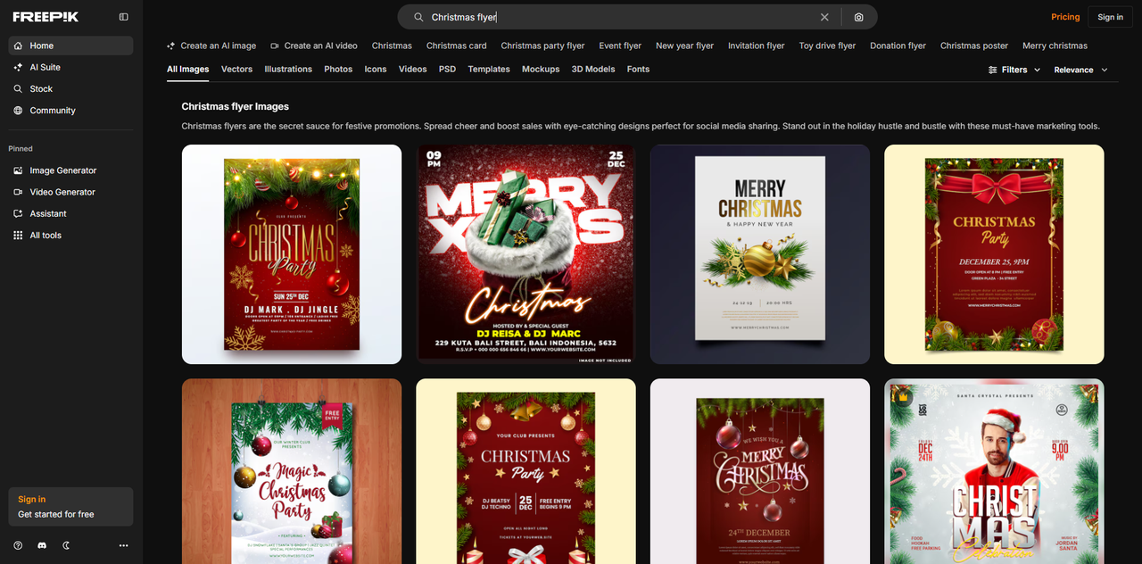 Interface of Freepik - a tool with diverse Christmas flyer template