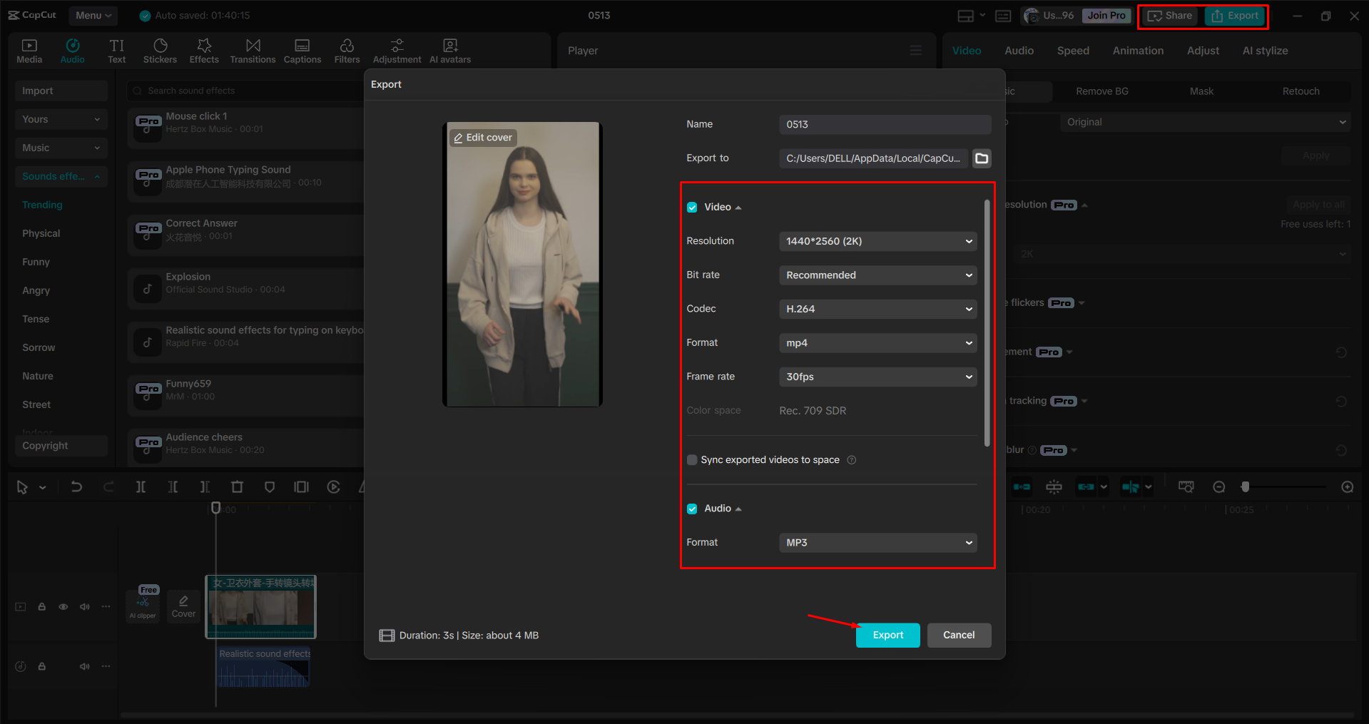 Exporting a video from the CapCut desktop video editor