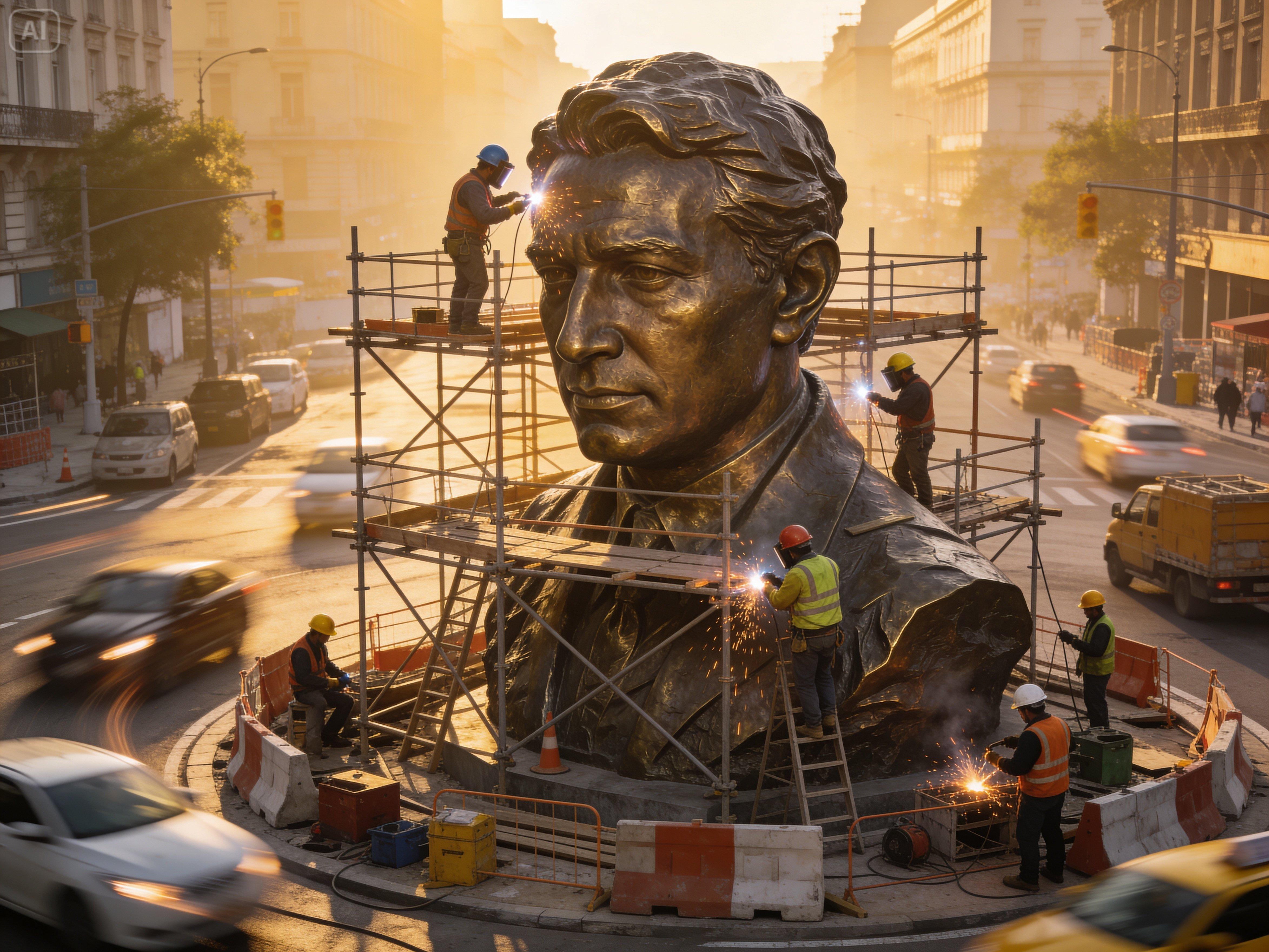 Prompt for a city roundabout construction statue