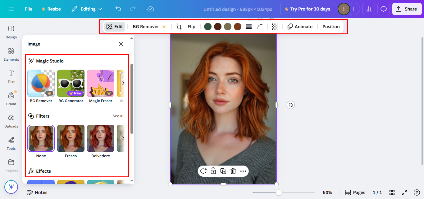 Filters en verbeteringen toepassen op de Canva-foto-editor